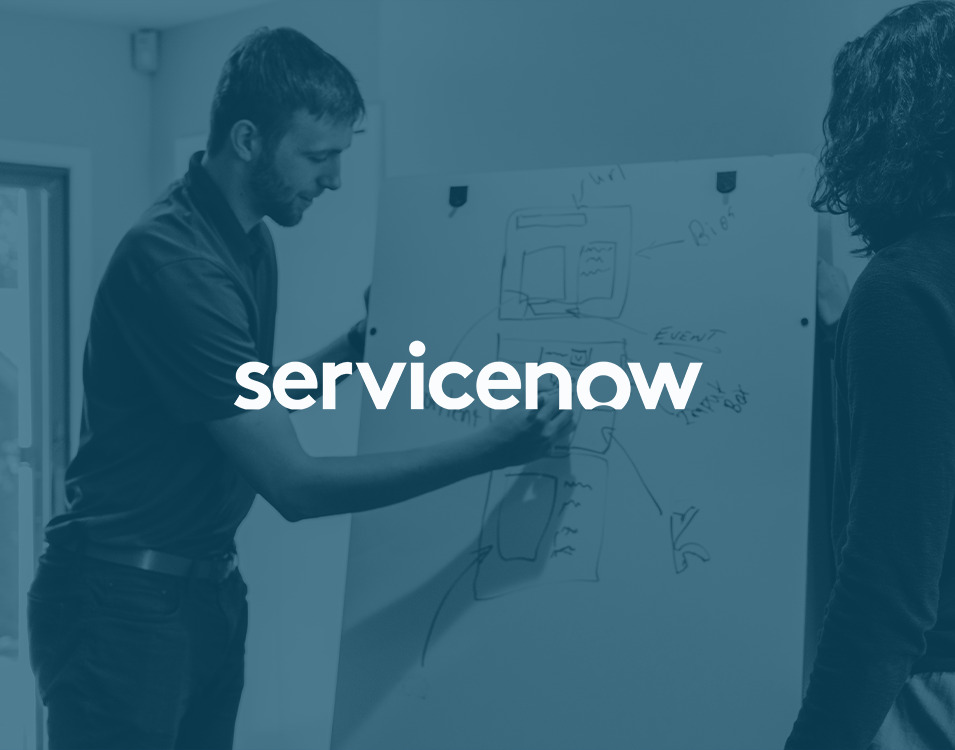 A blue overlay with the organization and RadarFirst partner, ServiceNow, hovers over a team of information technology professionals collaborating and brainstorming while writing on a dry erase board. | RadarFirst