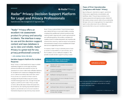Radar® Privacy Decision Support Platform for Legal and Privacy Professionals